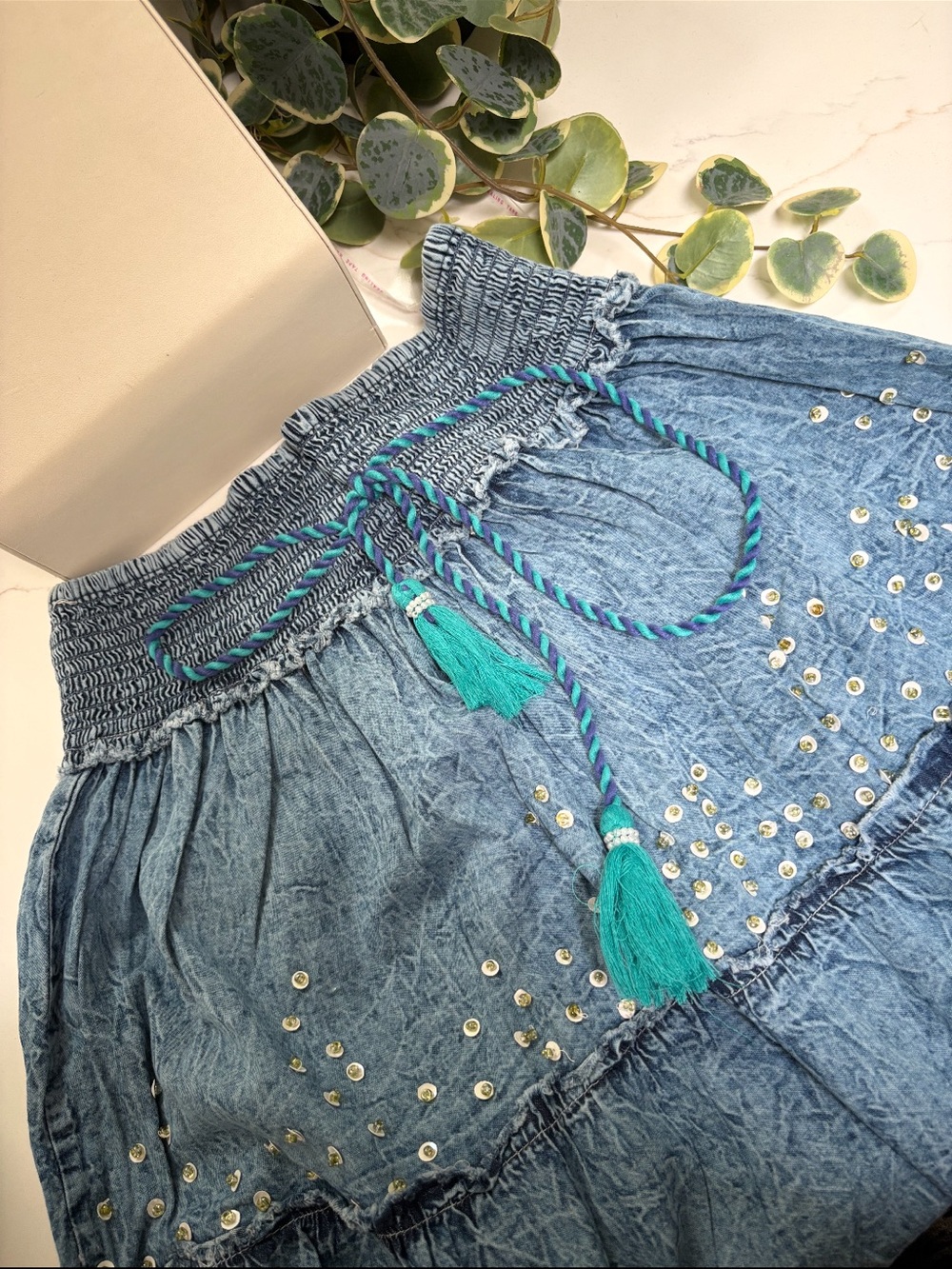 POL Bohemian Tiered Denim Maxi Length Smocked Waist Beaded Skirt - Picture 6 of 10
